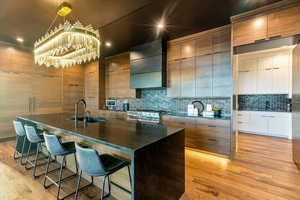 Kitchen with backsplash, high end stainless steel range, custom exhaust hood, light hardwood flooring, a center island, and dark stone counters