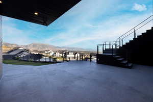 View of patio featuring a mountain view