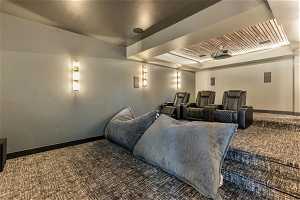 Carpeted cinema room featuring a tray ceiling