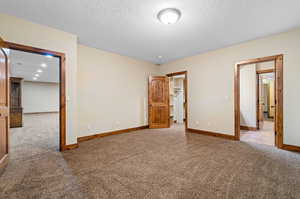 Spare room featuring light carpet and a textured ceiling