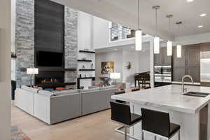 Kitchen featuring stainless steel appliances, sink, light hardwood / wood-style flooring, and a fireplace