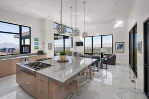 Open kitchen with custom white oak flat panel cabinets and top-of-the-line appliances.