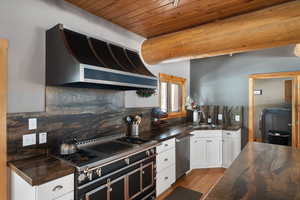 Kitchen featuring custom range hood, stainless steel dishwasher, wooden ceiling, a sink, and range
