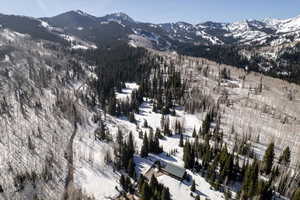 Snowy aerial view featuring a mountain view