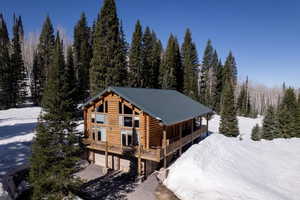 Snowy aerial view featuring a wooded view