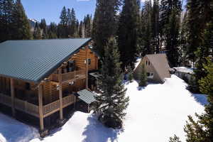 Snowy aerial view featuring a wooded view