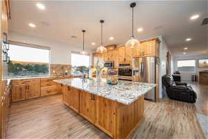 Kitchen featuring tasteful backsplash, appliances with stainless steel finishes, light hardwood floors, and plenty of natural light
