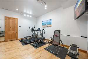 Workout area featuring rail lighting and hardwood flooring
