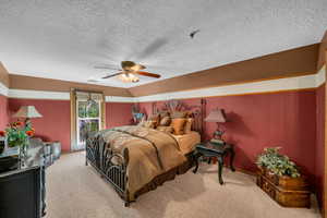 Carpeted bedroom featuring ceiling fan, access to outside, and a textured ceiling