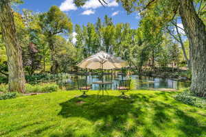 View of yard with a water view