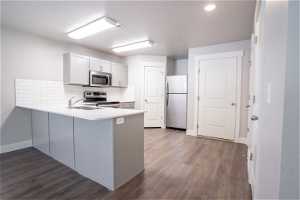 Kitchen featuring kitchen peninsula, stainless steel appliances, dark hardwood floors, and sink