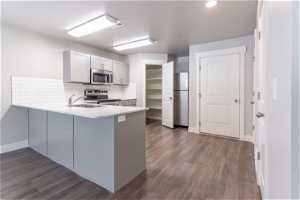 Kitchen with stainless steel appliances, dark hardwood flooring, sink, and tasteful backsplash