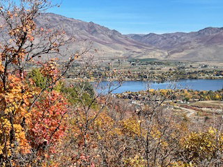 Mountain view featuring a water view