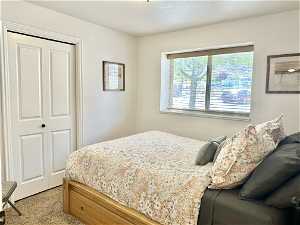 Bedroom with a closet and light colored carpet