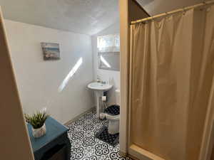 Bathroom featuring sink, a shower with curtain, a textured ceiling, toilet, and lofted ceiling