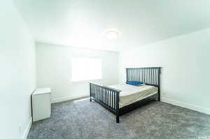 Bedroom featuring dark colored carpet