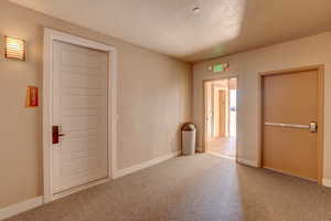 Unfurnished bedroom featuring light colored carpet, a closet, and a textured ceiling