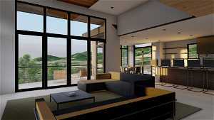 Living room with light hardwood / wood-style floors, floor to ceiling windows, a mountain view, and wooden ceiling