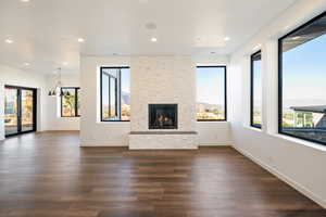 stone fireplace, large view windows