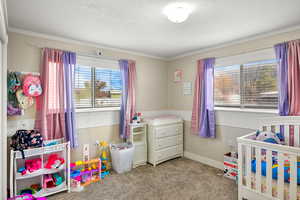 Carpeted bedroom featuring a nursery area and ornamental molding