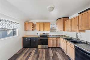 Kitchen featuring dark hardwood / wood-style flooring, sink, electric stove, and dishwasher
