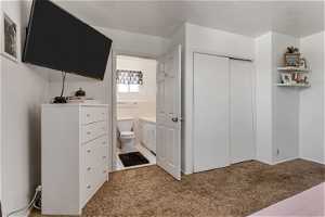 Primary bedroom has 2 closet, one on east wall and the other on the  south wall but a FULL bath with built in cabinets.