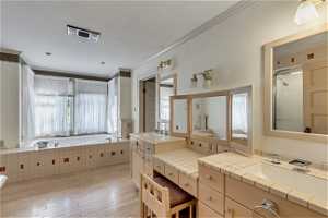 Master Bathroom featuring ornamental molding, a wealth of natural light, shower with separate bathtub, and dual vanity