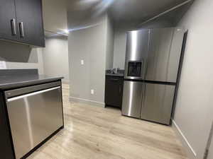 Kitchen with light hardwood / wood-style floors and stainless steel appliances