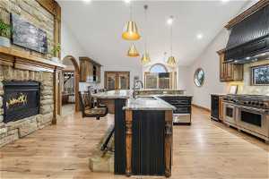 Kitchen featuring sink, a kitchen island with sink, double oven range, light hardwood / wood-style floors, and a stone fireplace