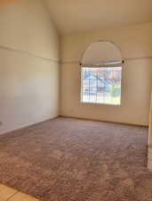 Carpeted spare room with high vaulted ceiling