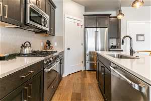 Kitchen with high end appliances, sink, pendant lighting, backsplash, and wood-type flooring