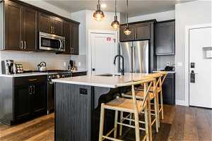 Kitchen with tasteful backsplash, dark wood-type flooring, premium appliances, and a kitchen island with sink
