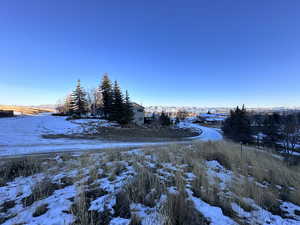 View of yard layered in snow