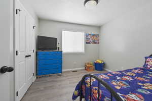 Bedroom with light hardwood / wood-style flooring