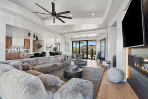 Living room featuring a raised ceiling, ceiling fan, light hardwood / wood-style floors, and a barn door