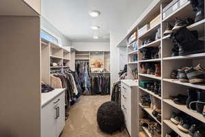 Walk in closet with light colored carpet