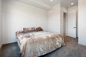 Bedroom with dark colored carpet