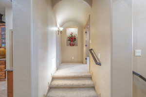 Stairs with light colored carpet. 3 steps up to master suite.