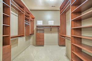 Spacious custom closet featuring light carpet in Master Suite