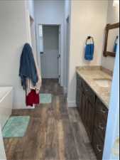 Master. Bathroom featuring large vanity and wood-type flooring