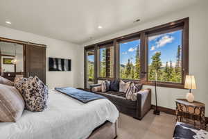 Bedroom with carpet flooring and a barn door