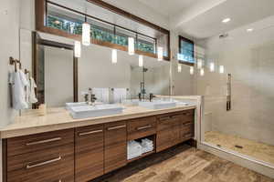 Bathroom featuring vanity and a shower with door