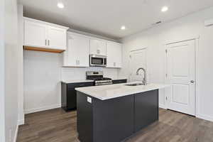 Kitchen featuring sink, white cabinets, appliances with stainless steel finishes, and wood-type flooring