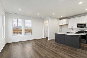 Kitchen with a wealth of natural light, appliances with stainless steel finishes, dark hardwood / wood-style flooring, and an island with sink