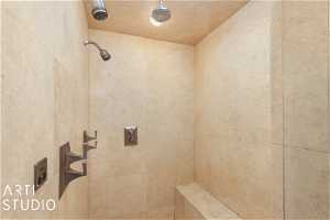 Primary bathroom featuring a tile shower