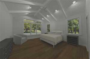 Bedroom with dark wood-type flooring, lofted ceiling with beams, and multiple windows