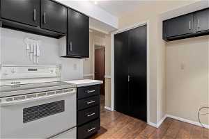 Kitchen with white electric range oven and dark hardwood / wood-style flooring
