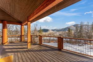 Snow covered deck with a mountain view