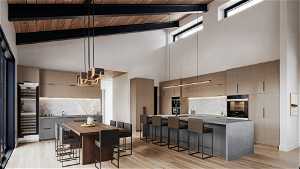 Kitchen with a kitchen breakfast bar, high vaulted ceiling, wooden ceiling, backsplash, and a kitchen island