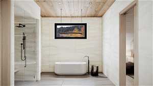 Bathroom with wooden ceiling, tile walls, and walk in shower